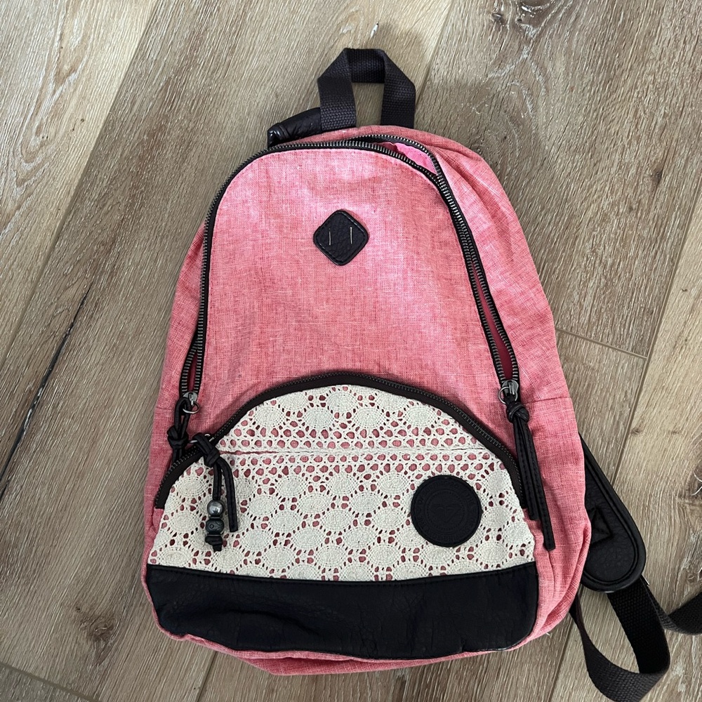 Roxy Pink Backpack with Lace Pocket, Leather Straps